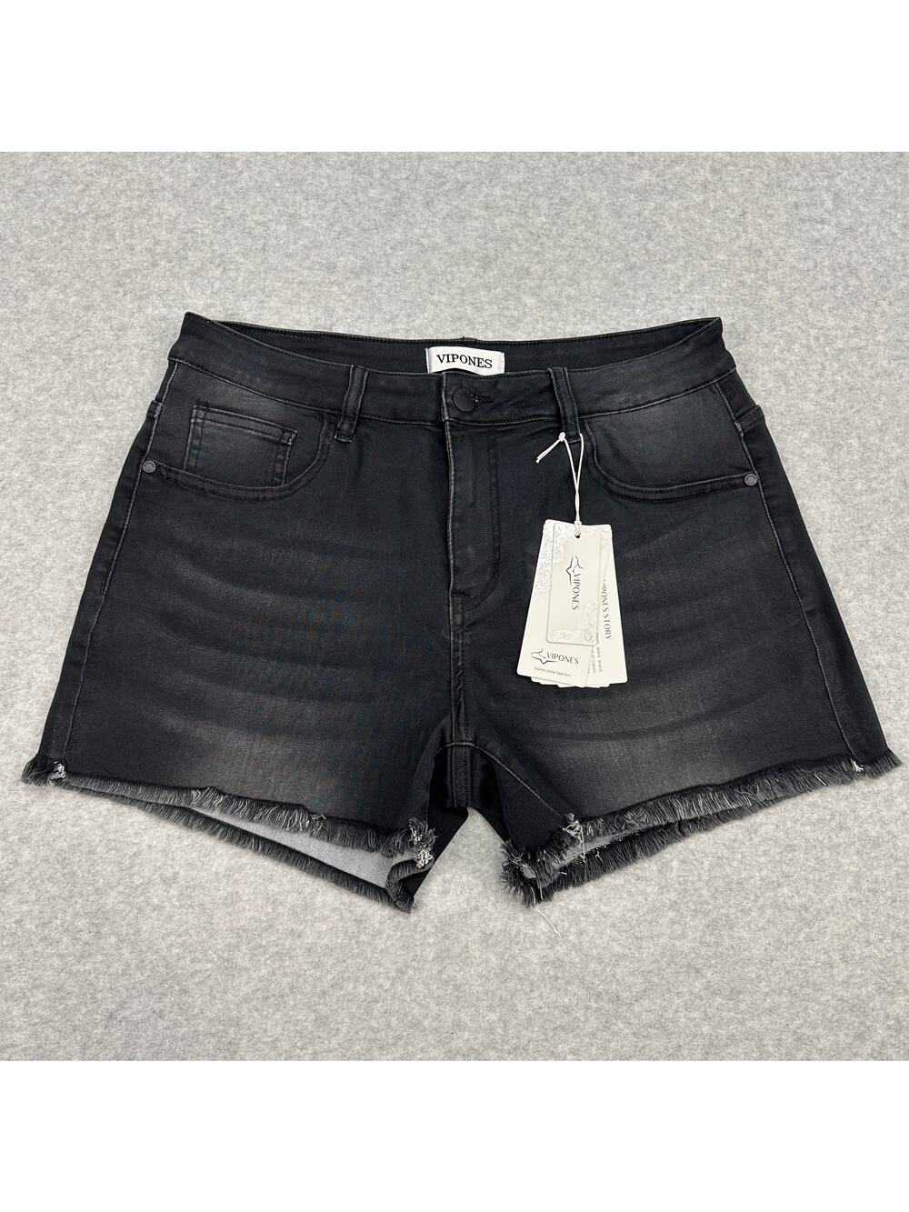 Vipones Shorts WMNS Black VTG Wash SZ 12 High Rise Raw Hem #182S Cotton Blend